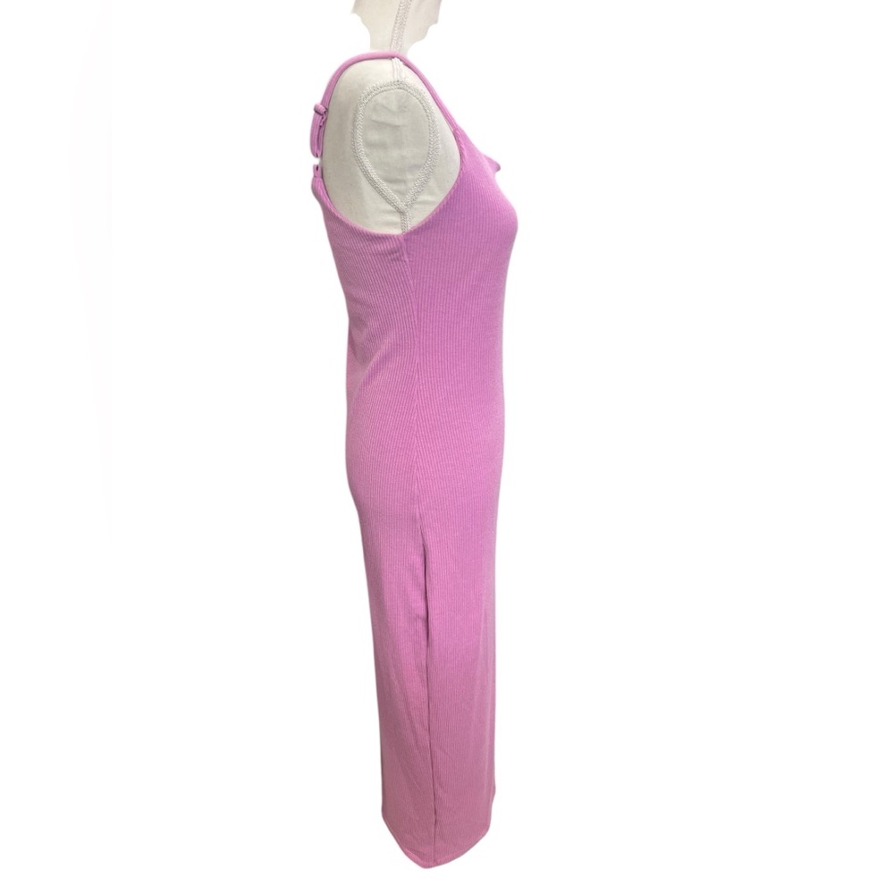 VICI Pink Ribbed Knit Bodycon Midi Dress Square Neck Side Slit Size M - Picture 3 of 14
